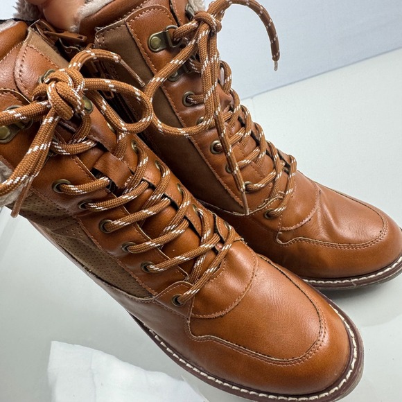 Rouge‎ Women Size 8.5 Brown Faux Leather Wedge Ankle Boots Lace Up Side Zip - Picture 9 of 14